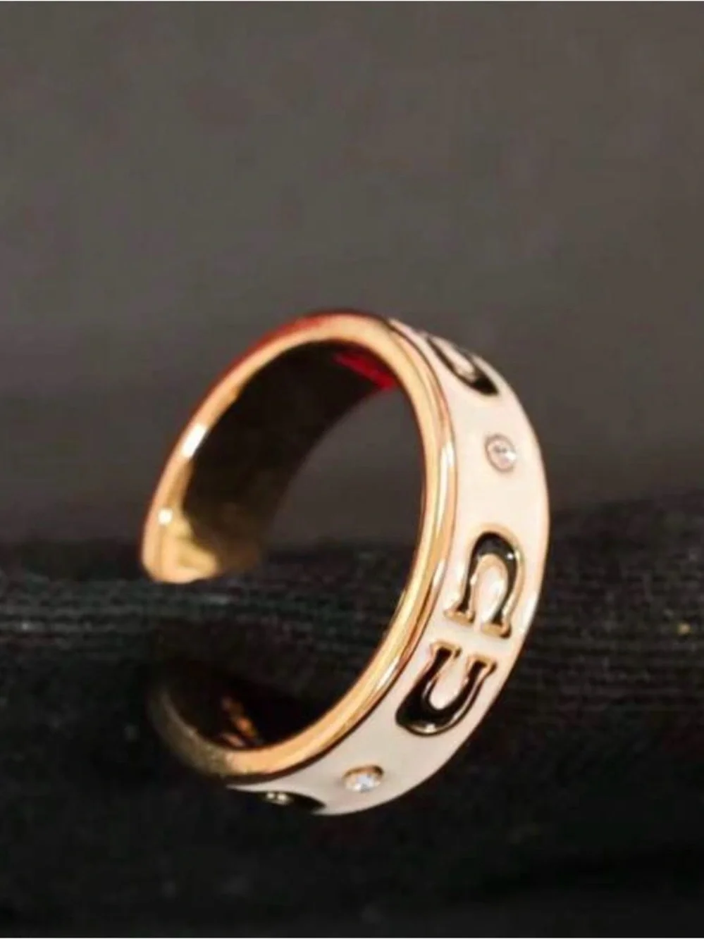 Western Horseshoe Ring White and Gold Women's Enamel Band Ring with Black Accent